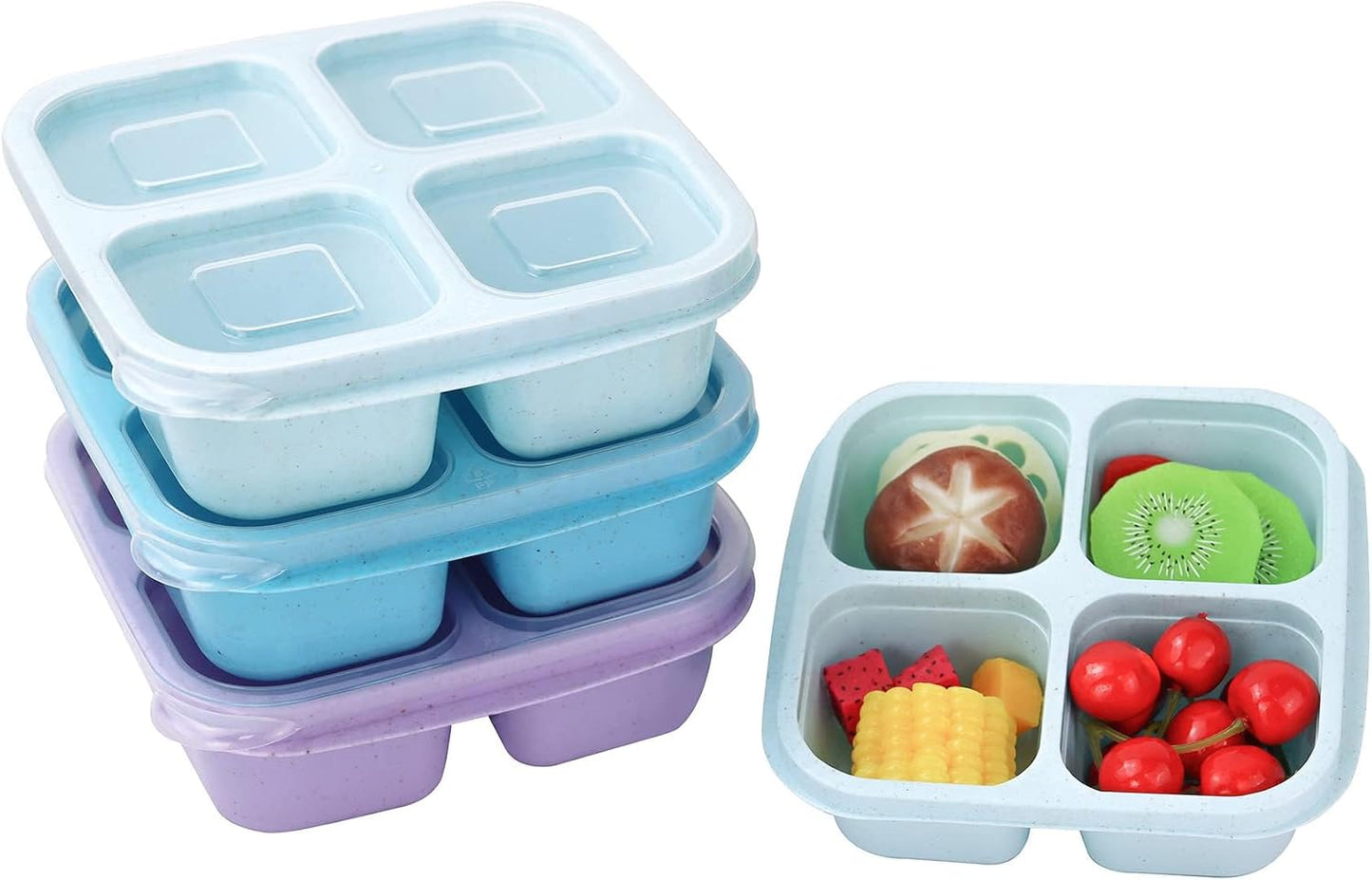 Finorder 6 Pack 4-Compartment Snack Containers, Reusable Food Containers for Kids School, Adults Office, Picnic Trip, Lunch Bento Box Meal Prep Containers (Bright Color Set)