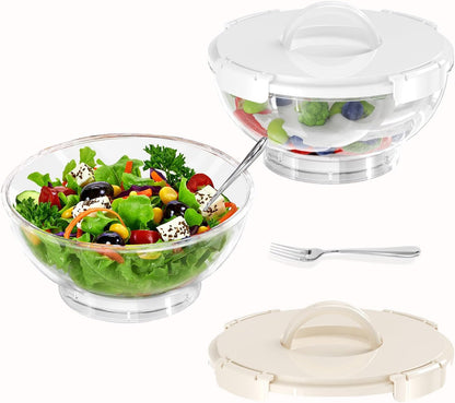 MANO 2pack Large Iced Salad Bowl with Lid and Utensils to Go Ice Chilled Food Serving Containers with Handles for Fruit Veggie Storage for Fridge Refrigerator Party Camping, Picnic, Beige