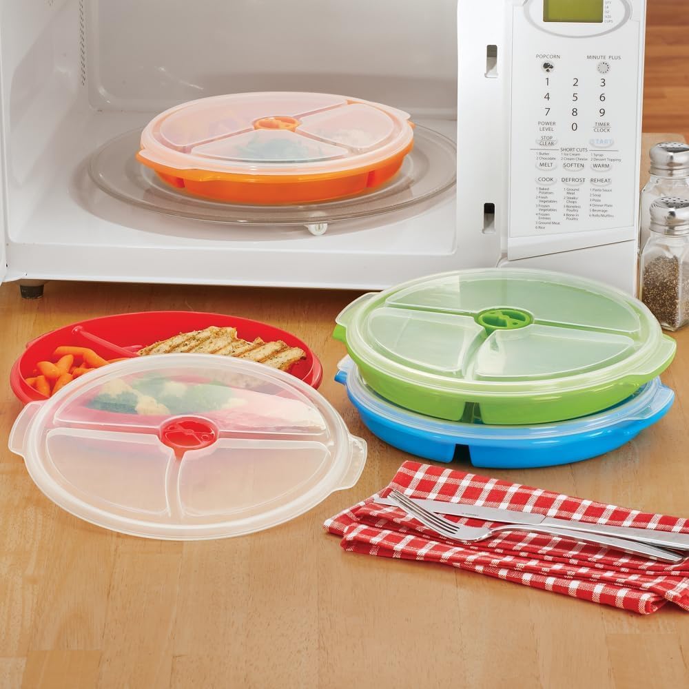 3 pack- Microwave Food Storage Travel Tray Containers - Portion Control - 3 Section Compartment Divided Plates with Vented Lid For Easy Reheat (3, Red)