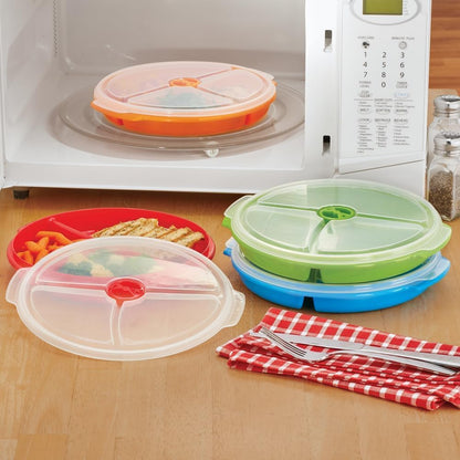 3 pack- Microwave Food Storage Travel Tray Containers - Portion Control - 3 Section Compartment Divided Plates with Vented Lid For Easy Reheat (3, Red)