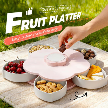Divided Serving Tray that Spins, Flower Shaped Rotating Snack Container with Lid, 5-Compartment Twist and Turn Snack Fruit Food Platter Tray for Picnic Parties Home Kitchen (Pink)