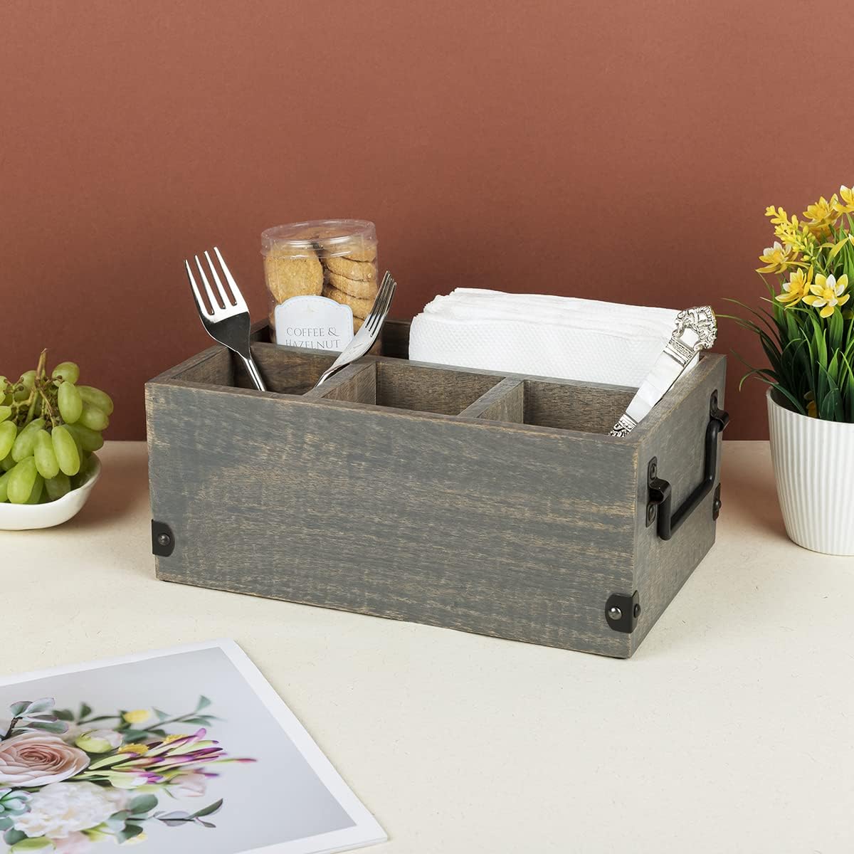 GoCraft 4-Compartment Flatware Caddy – Wooden Cutlery Holder with Napkin Holder, Silverware & Condiment Organizer, White Washed Mango Wood with Metal Handles, Perfect for Kitchen, Dining, and Picnics
