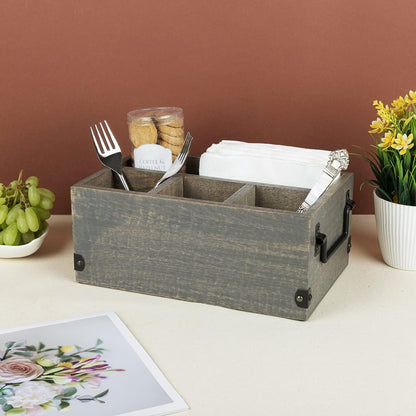 GoCraft 4-Compartment Flatware Caddy – Wooden Cutlery Holder with Napkin Holder, Silverware & Condiment Organizer, White Washed Mango Wood with Metal Handles, Perfect for Kitchen, Dining, and Picnics