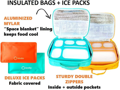 kinsho Lunch Box for Kids Boys Girls - Bento Box Set with Insulated Bag and Ice Pack, 6 Compartment Leak Proof Food Container, BPA-Free, Microwave Safe, Ideal for School & Work, Teal