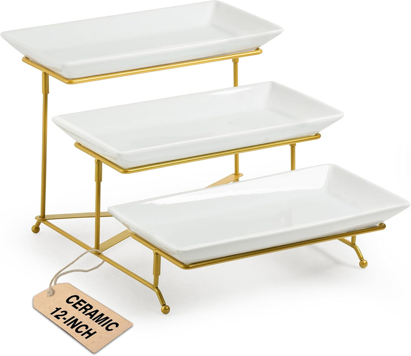 LAUCHUH 3 Tier Serving Tray, Porcelain Serving Platter Tier Serving Stand with Collapsible Sturdier Rack, Serving Trays and Platters Dessert Party Display Set for Father's Day, Gold, 12 Inch