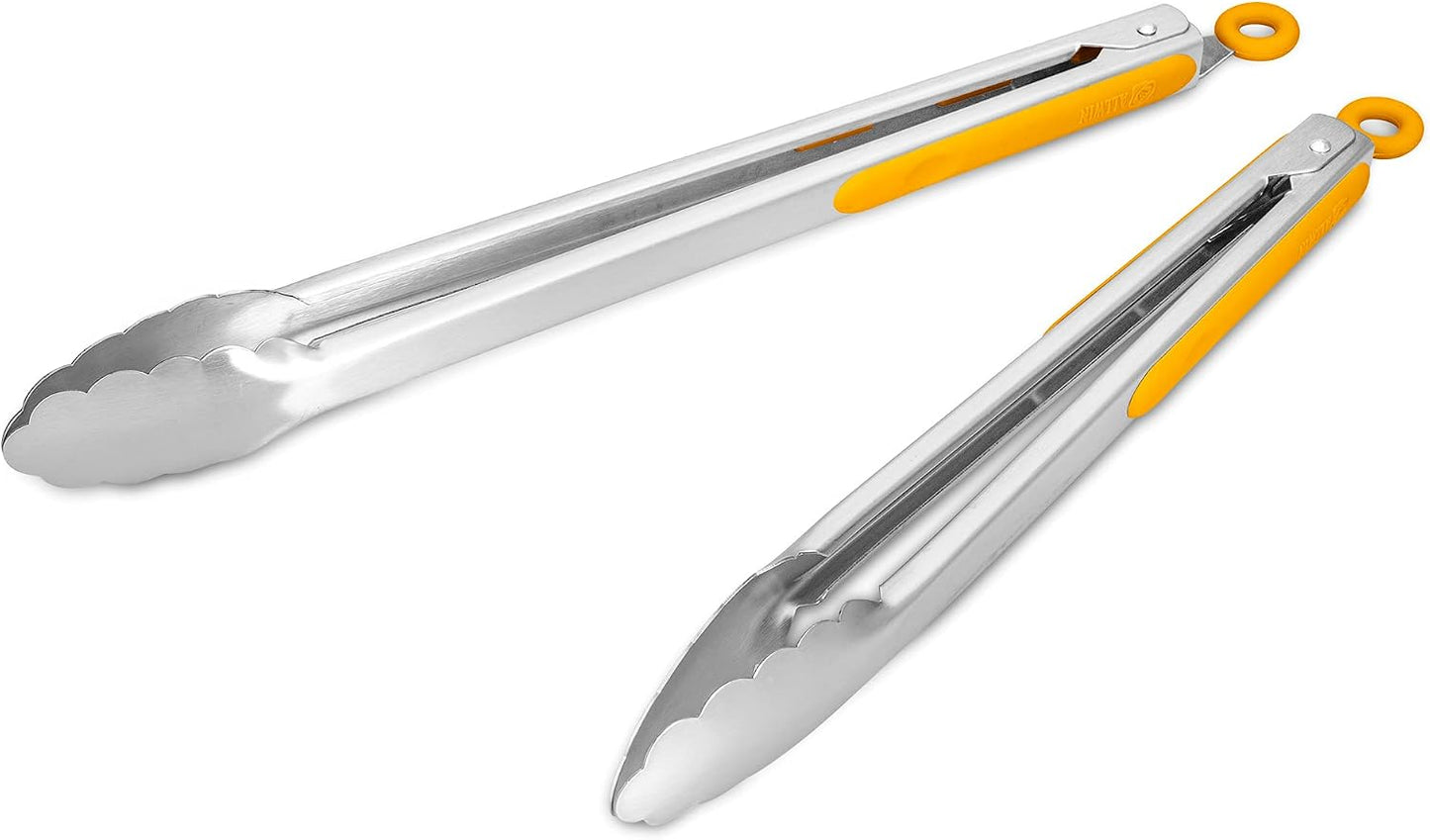 304 Stainless Steel Kitchen Cooking Tongs, 9" and 12" Set of 2 Sturdy Grilling Barbeque Brushed Locking Food Tongs with Ergonomic Grip, Black