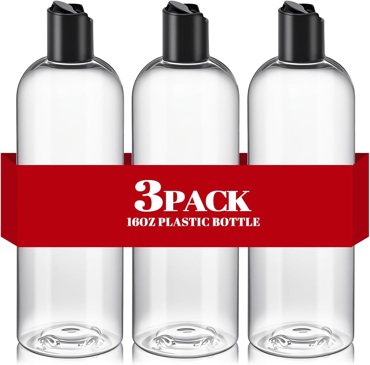 3Pcs 16 oz Clear Plastic Refillable Travel Bottles with Black Disc Top Caps
