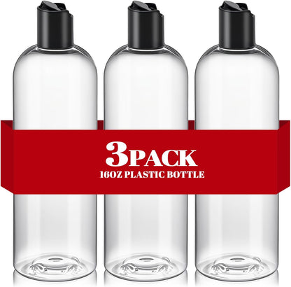 3Pcs 16 oz Clear Plastic Refillable Travel Bottles with Black Disc Top Caps