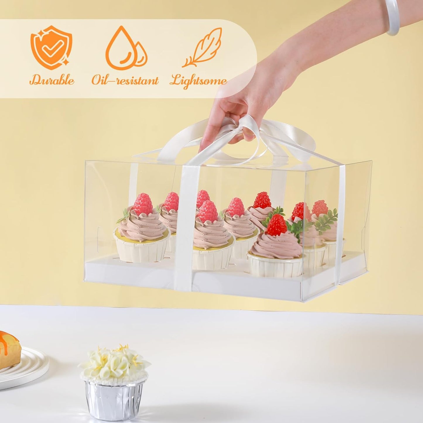 JCD 4 Pack Clear Cupcake Boxes, Plastic Cupcake Containers with Gift Ribbon, 5.5inches height Holder 6 Count Cup Cake Boxes for Parties, Baking, Wedding, Transport (6count/4pcs)