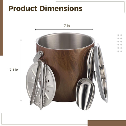 Double-Walled Stainless Steel Ice Bucket with Lid, 7.09 x 7.01 in, Wood Grain Insulated Ice Container with Scoop, Tongs, Strainer, for Home Bar, Parties
