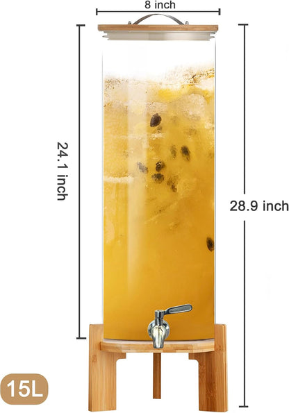 Glass Beverage Dispenser with Stand, 1.5 Gallons Glass Drink Dispenser-Beverage Dispenser with Wood Stand, Stainless Steel Spigot for Parties,Bars,Restaurants