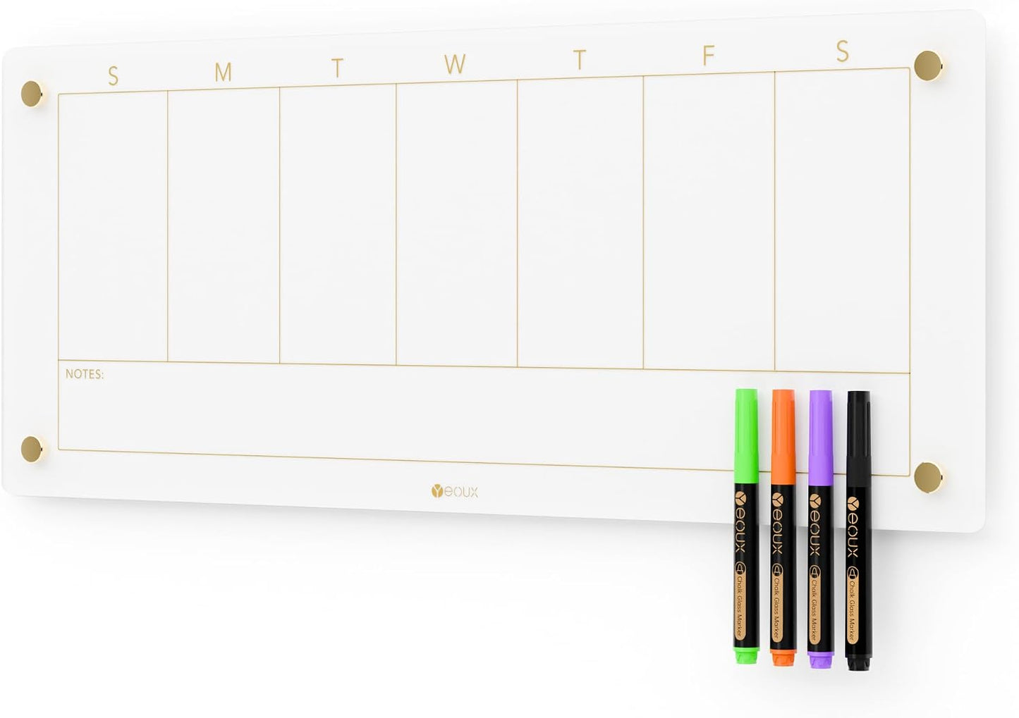 Clear Glass Weekly Dry Erase Calendar & Menu Non-Magnetic Whiteboard for Wall, Meal Plan & Grocery List White Board for Kitchen, 15x11, 7 Days Home Planner, 4 Wet Erase Markers Included, Yeoux