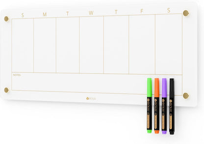 Clear Glass Weekly Dry Erase Calendar & Menu Non-Magnetic Whiteboard for Wall, Meal Plan & Grocery List White Board for Kitchen, 15x11, 7 Days Home Planner, 4 Wet Erase Markers Included, Yeoux