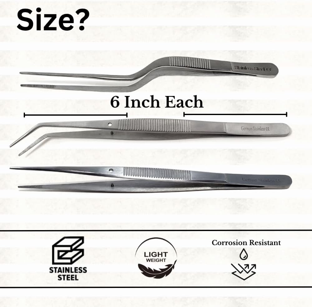 Food Plating Tweezers Culinary Kitchen Tongs Straight + Angled Tips 6" Long for Cookie Cake Decorating/Baking/Cooking Made of Stainless Steel with Fine Serrations Kitchen Utensils