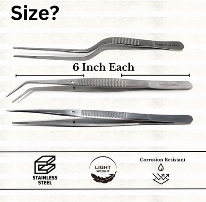 Food Plating Tweezers Culinary Kitchen Tongs Straight + Angled Tips 6" Long for Cookie Cake Decorating/Baking/Cooking Made of Stainless Steel with Fine Serrations Kitchen Utensils