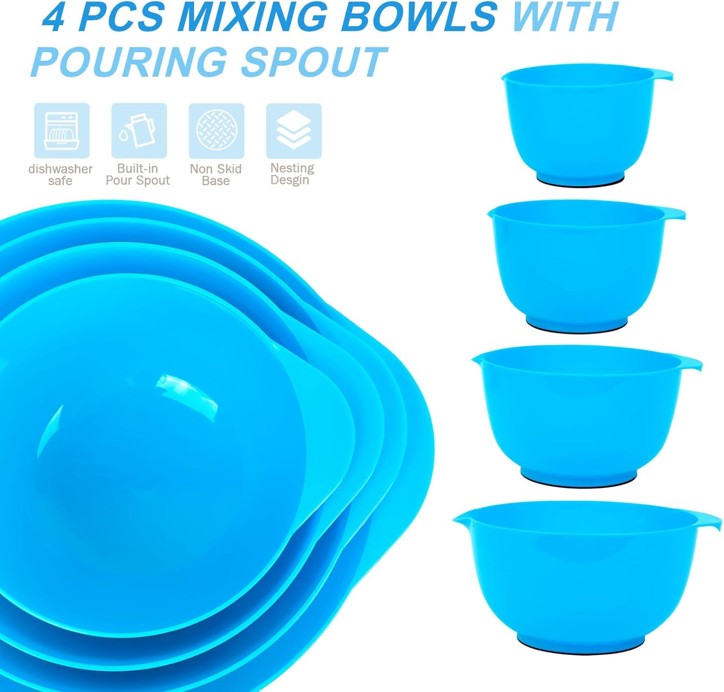 BoxedHome Nesting Plastic Mixing Bowl Set With Pour Spout, Microwave and Dishwasher Safe, BPA free Non-Slip Base, Set of 4 Size 1.7, 2.5, 3.5 and 4.5qt, Great for Prepping, Baking, Cooking (Dark Blue)