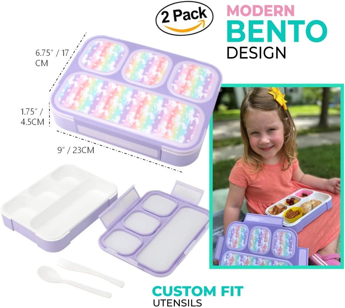 Bento Lunch Box for Kids or Adults, Snack Containers for Boys, Girls, School Daycare Work, 3 Divided Compartments Meal Planning Portion Control, BPA-Free Boxes, Utensils | Blue Purple 2 pack