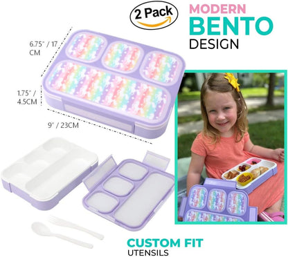 Bento Lunch Box for Kids or Adults, Snack Containers for Boys, Girls, School Daycare Work, 3 Divided Compartments Meal Planning Portion Control, BPA-Free Boxes, Utensils | Blue Purple 2 pack