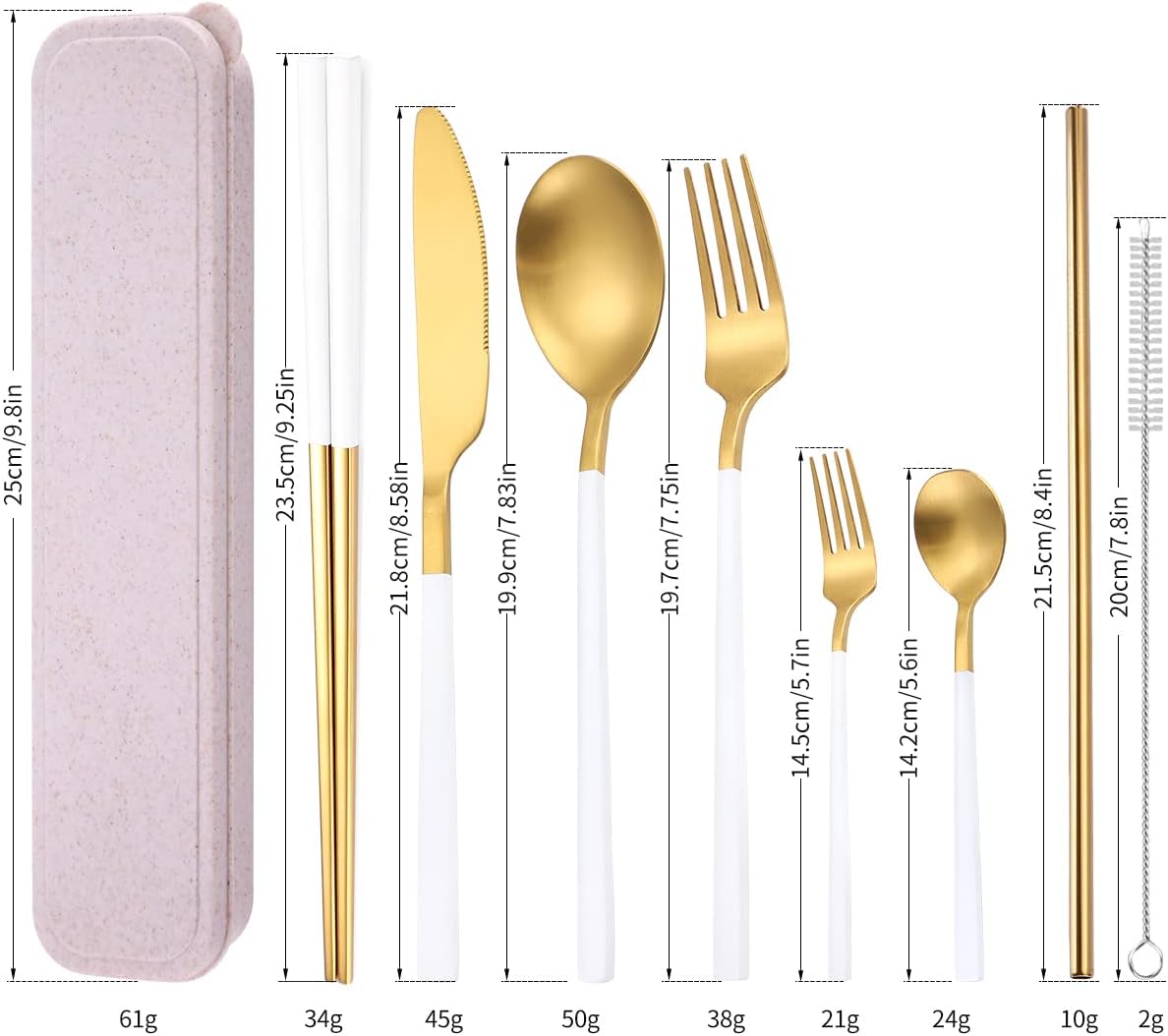 AARAINBOW 8 Pieces Stainless Steel Flatware Set Portable Reusable Cutlery Set Travel Utensils Set Including Chopsticks Knife Fork Spoon Straws Cleaning Brush Dishwasher Safe (Pink Golden)