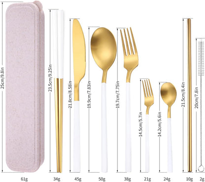 AARAINBOW 8 Pieces Stainless Steel Flatware Set Portable Reusable Cutlery Set Travel Utensils Set Including Chopsticks Knife Fork Spoon Straws Cleaning Brush Dishwasher Safe (Pink Golden)