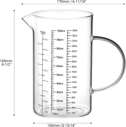 QWORK 34OZ/1000ML Glass Measuring Cup (Ml/Oz/Cup), 4 Cups Multi-Purpose Kitchen Tool with V-Shaped Spout & Handle