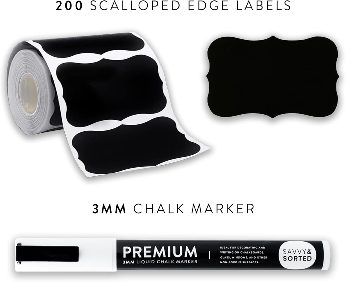 200 Chalkboard Labels for Food Containers, Reusable Black Stickers with Chalk Marker, Removable Pantry Chalk Board Jar Labels Stickers for Glass Jars, Storage Food Mason Jars, Kitchen Organization
