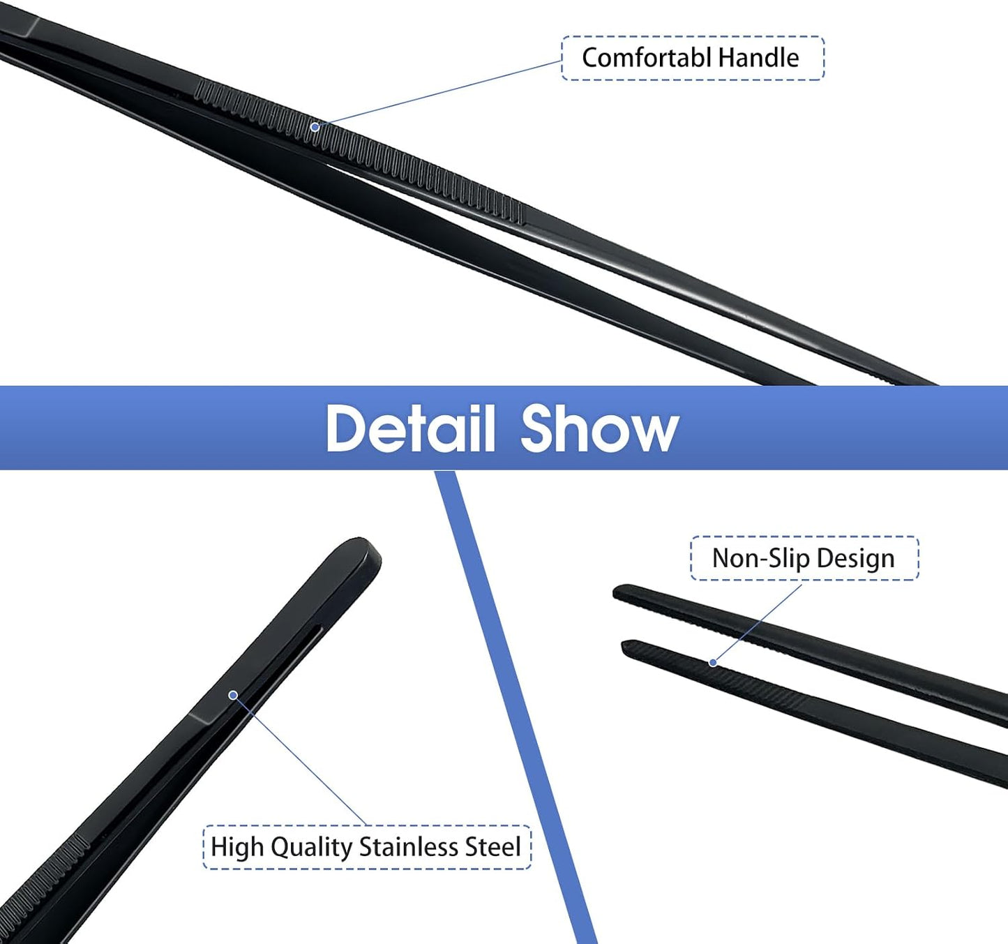 8-Inch Plating Tweezers Culinary Kitchen Tweezer Stainless Steel, Black Offset Tweezers for Cooking Food Design (8-Inch Offset Design)