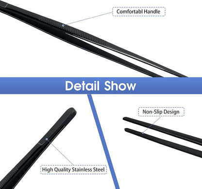 8-Inch Plating Tweezers Culinary Kitchen Tweezer Stainless Steel, Black Offset Tweezers for Cooking Food Design (8-Inch Offset Design)