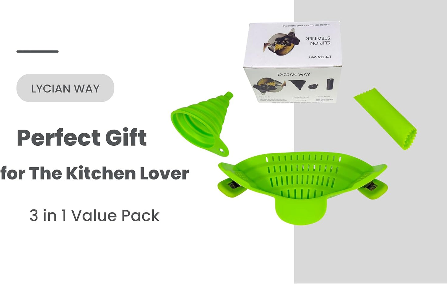 Clip On Strainer Silicone for Pots and Pans, Universal Fit Pasta Strainer and Pot Colander, Space Saving Food Drainer with Collapsible Funnel and Garlic Peeler, 3 Pcs Set, Gray