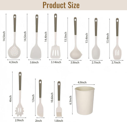 Silicone Kitchen Utensils Set, 10 Piece Silicone Cooking Utensils Set with Holder, Heat-Resistant Non Stick Cooking Tools Set with Spatula,Turner Ladle Skimmer Pasta Fork,BPA Free (Khaki)
