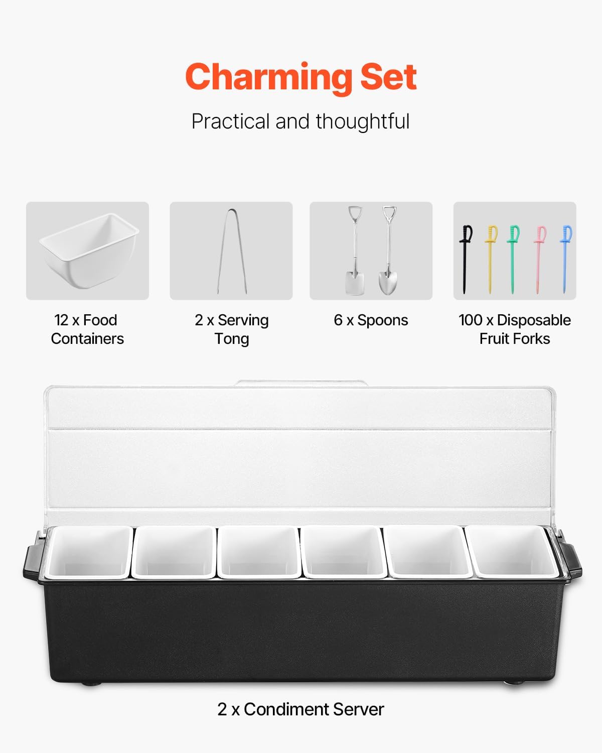 VEVOR Chilled Condiment Server Caddy, 5 Compartment Ice Cooled Serving Container, Plastic Fruit Garnish Tray Platter with Lid, for Taco Salad Bar Accessories, Party Home Restaurant Supplies