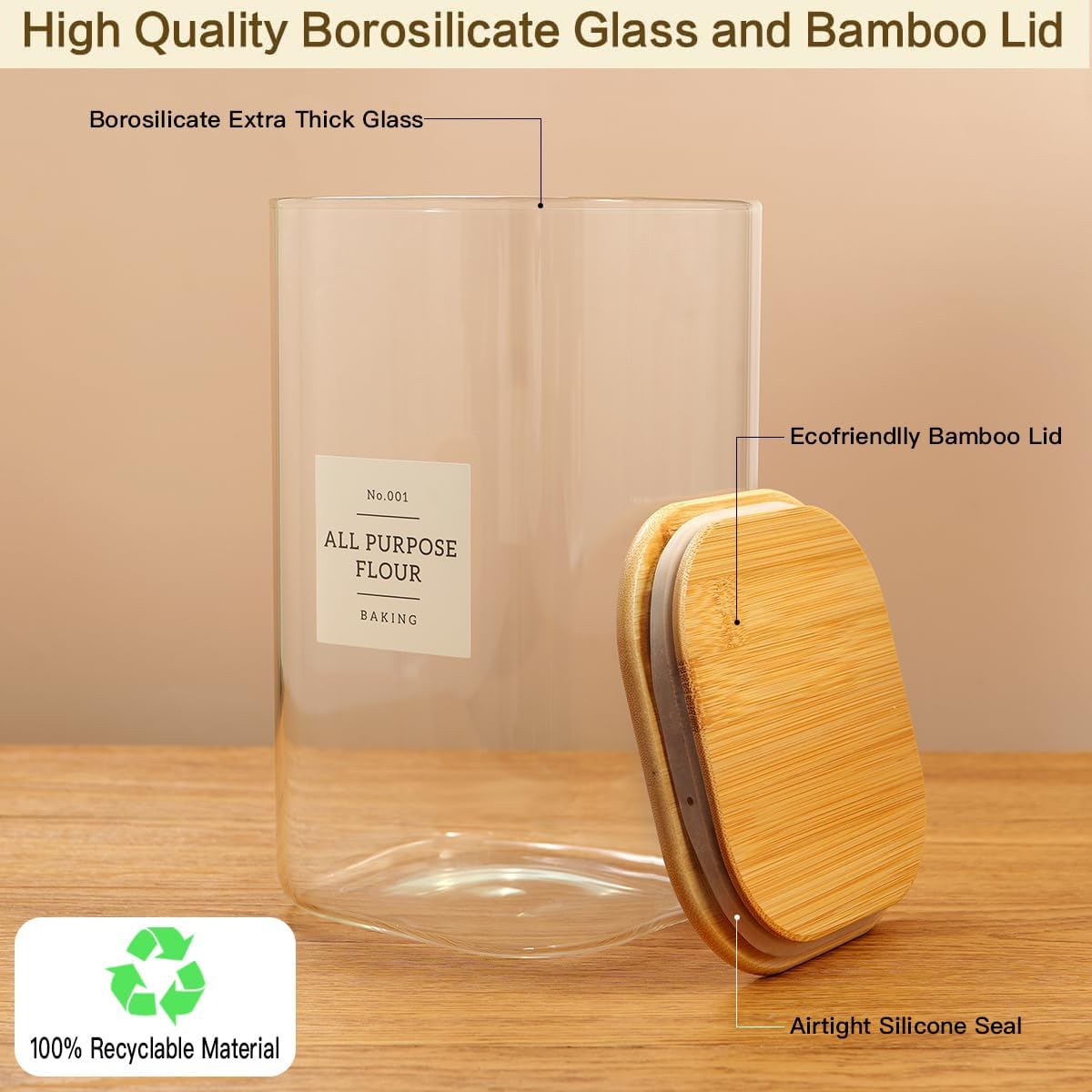 Large glass flour and sugar containers with 132 Kitchen Pantry Labels - 110 oz Glass Food Storage Containers with Airtight Lids - Square Glass Jars with Bamboo Lids for Rice, Pasta, Cookies, grain