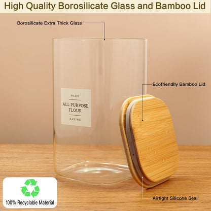 Large glass flour and sugar containers with 132 Kitchen Pantry Labels - 110 oz Glass Food Storage Containers with Airtight Lids - Square Glass Jars with Bamboo Lids for Rice, Pasta, Cookies, grain