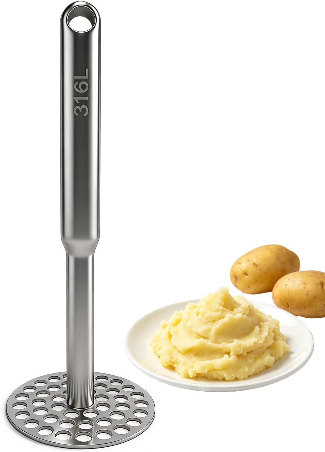 Manual Potato Masher, Stainless Steel Heavy Duty Hand Food Smasher with Large Round Mashing Plate, Reinforced Thick Handle Kitchen Tool for Mashed Potatoes, Avocado,Beans and Baby Food(LP PM-01)