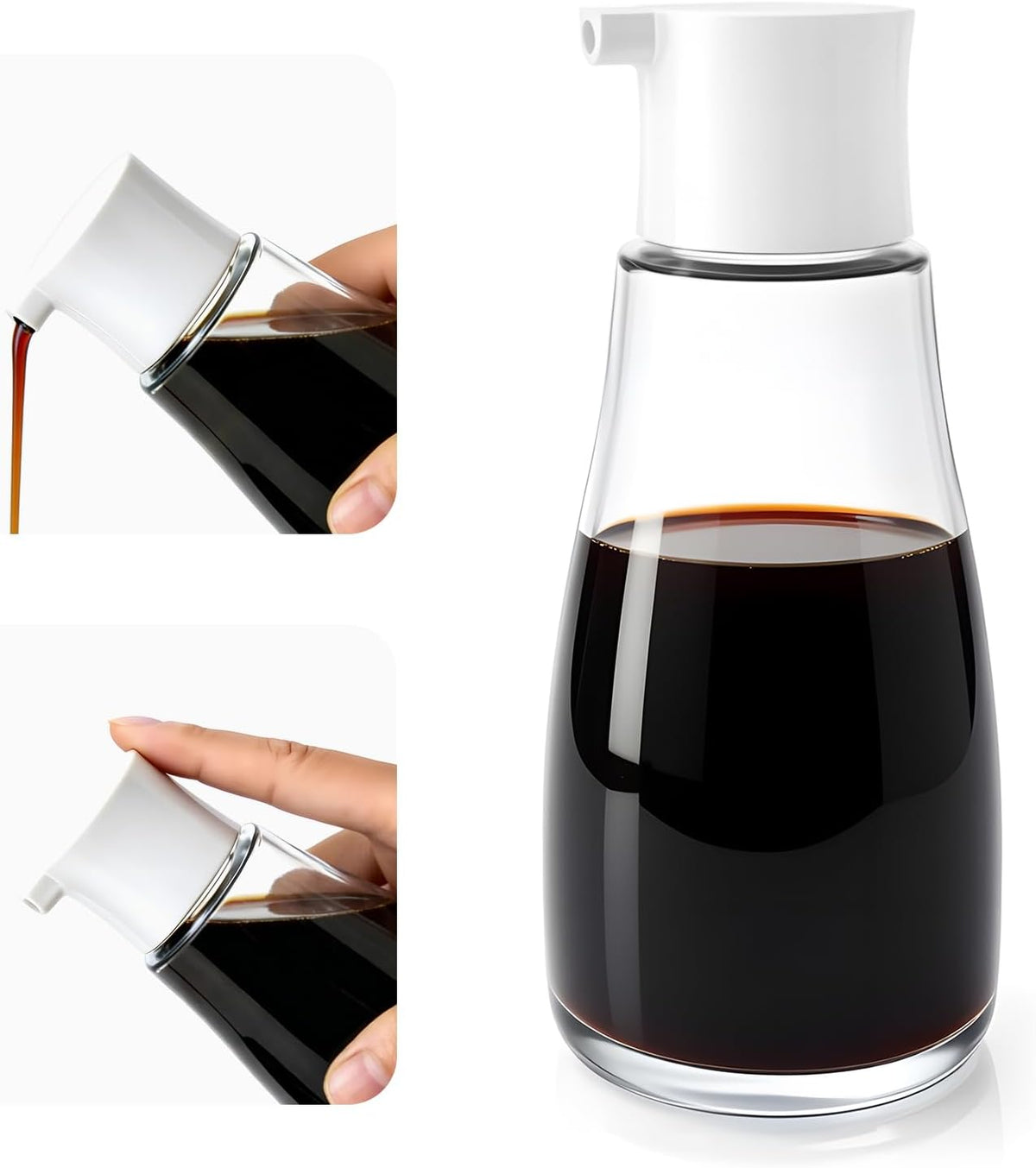 Glass Soy Sauce Dispenser Bottle, 10 oz Leak-Proof Oil & Vinegar Cruet, Multi-Purpose Clear Glass Container with Spout for Olive Oil, BBQ Sauce, Kitchen Cooking and Table Use