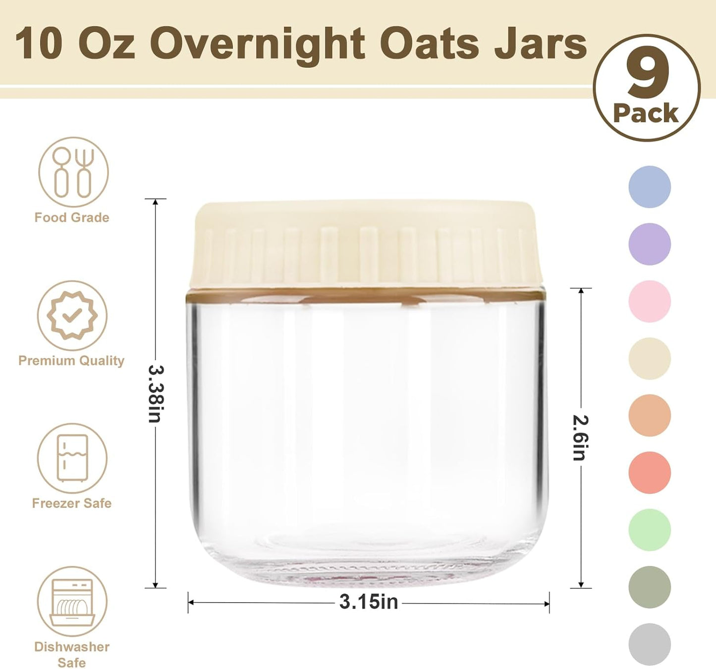Overnight Oats Containers with Lids, 10oz Wide Mouth Mason Jars with Lids, 9 Pack Glass Jars with Airtight lid for Chia Pudding Yogurt Salad, Meal Prer Oatmeal Jars, Pink