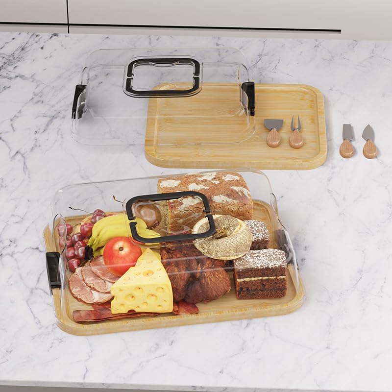 2-Pack Charcuterie Board with Lid 4" Heightened Lid - 14.2" & 13.4" Bamboo Trays Entertaining - Housewarming Warming Gifts New Home, Gifts for Women - Large Food Platter