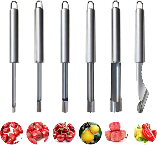 6 Pieces Corer and Pitter Fruit & Vegetable Multi-Function Stainless Corer and Pitter Remover Set for Apple, Pear, Cherry, Jujube, Red Dates, Berry, Chili
