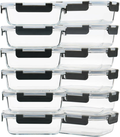 GULFLIN 12 Pack 22oz Glass Meal Prep Containers, Food Storage Containers with Lids, Air-Tight, Leak-Resistant, Freezer to Microwave Safe - Grey Set