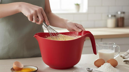 Red Mixing Bowl with Handle and Pour Spout, Large BPA-Free Plastic Batter Bowl, Red, Dishwasher Safe, for Baking, Cooking and Meal Prep