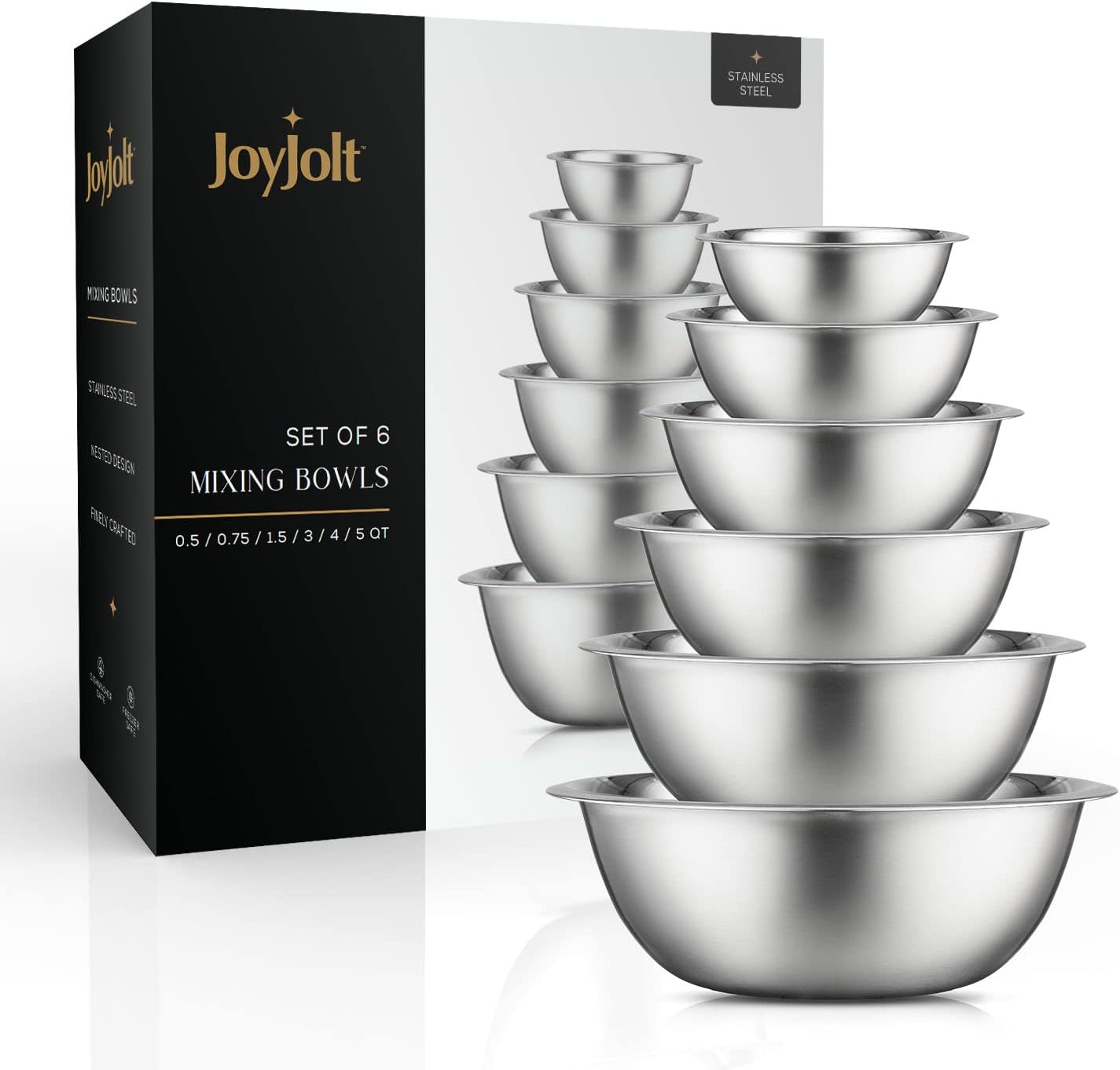 JoyJolt Stainless Steel Mixing Bowl Set - 6 Piece Nesting Bowls, 5qt to 0.5qt, Ideal for Kitchen, Cooking, Baking and Storage