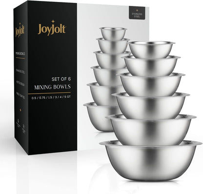 JoyJolt Stainless Steel Mixing Bowl Set - 6 Piece Nesting Bowls, 5qt to 0.5qt, Ideal for Kitchen, Cooking, Baking and Storage