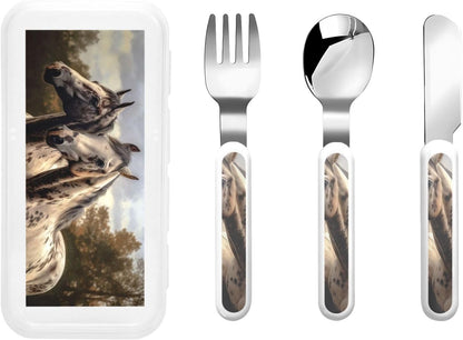 3-Piece Children Utensils Set Two horse Knife Spoon Fork Set Stainless Steel Silverware Set Easy-Grip Reusable Utensils Set Child Flatware Set with Case for Lunch Travel