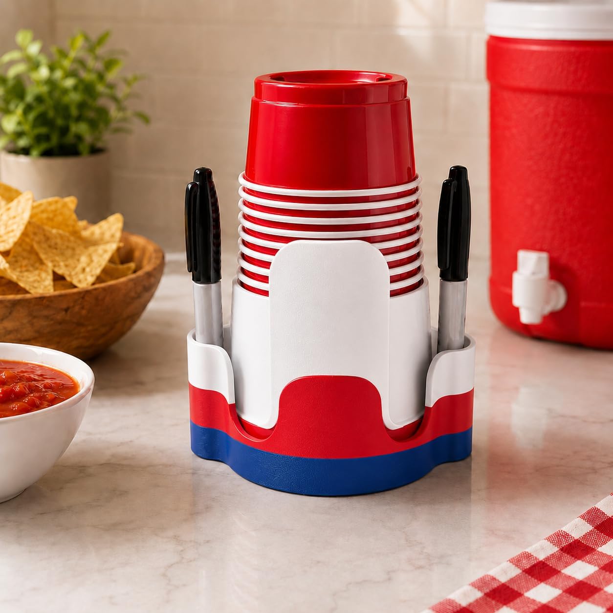 Party Cup Dispenser with Marker Holder – Stackable Plastic Cup Organizer for Parties, Events, BBQs, Picnics, Graduations & Drink Stations, Cup and Marker Caddy, Black (Red)
