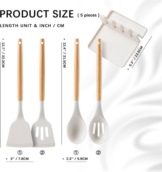 Silicone Cooking Utensils Set with Wooden Handles, 4-Piece Spatula Set and Spoon Rest — Heat Resistant, Non-Stick Kitchen Utensils, Silicone Spoons for Cooking, Multi-Purpose Spatula Spoon