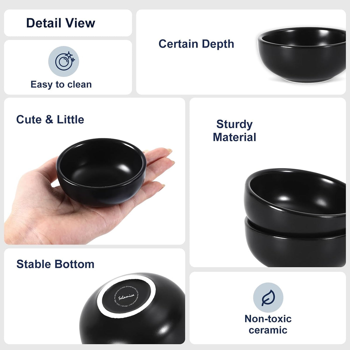 Selamica Ceramic 2.6 OZ Soy Sauce Dish, Set of 6, Matte Black