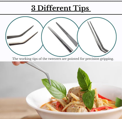 Food Plating Tweezers Culinary Kitchen Tongs Straight + Angled Tips 6" Long for Cookie Cake Decorating/Baking/Cooking Made of Stainless Steel with Fine Serrations Kitchen Utensils