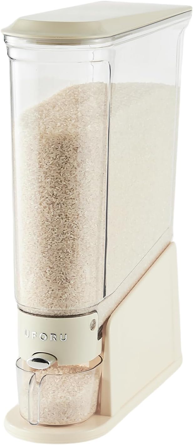 UFORU Rice Dispenser 11Lbs, Slim Rice Storage Container for Small Space, BPA-Free Clear Dry Food Dispenser Sealed Moisture Proof, Grain&Cereal Storage Bucket for Kitchen Pantry Household, Cream White