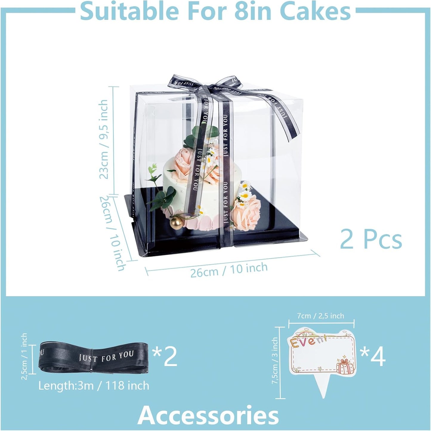 Clear Cake Box, 2 Pcs Transparent Cake Carrier Box with Lids, 4in PET Packaging Boxes with Ribbon Gift Card for Pastries, Clear Gift Boxes for Birthday, Wedding and Festival Party, Black.