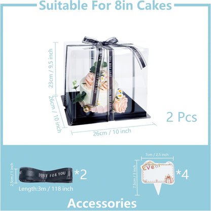 Clear Cake Box, 2 Pcs Transparent Cake Carrier Box with Lids, 4in PET Packaging Boxes with Ribbon Gift Card for Pastries, Clear Gift Boxes for Birthday, Wedding and Festival Party, Black.
